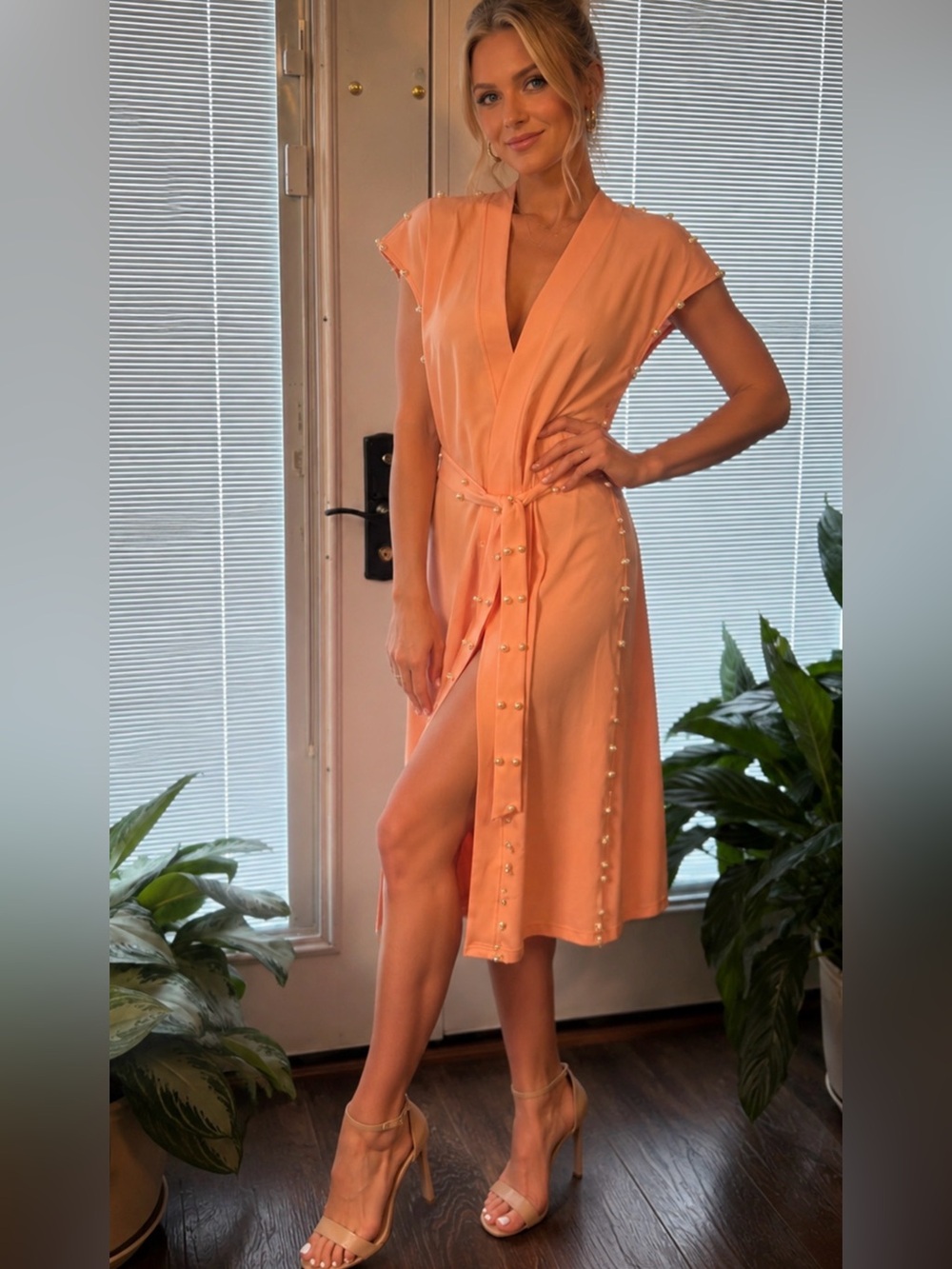 Elegant Peach Wrap  with Pearl Trim